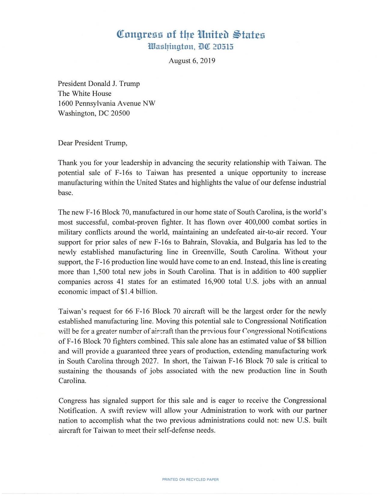 Rep. Timmons letter to Trump Administration on F-16 sale to Taiwan